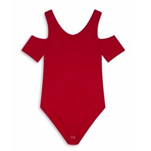 Red Ribbed Cold Shoulder Bodysuit